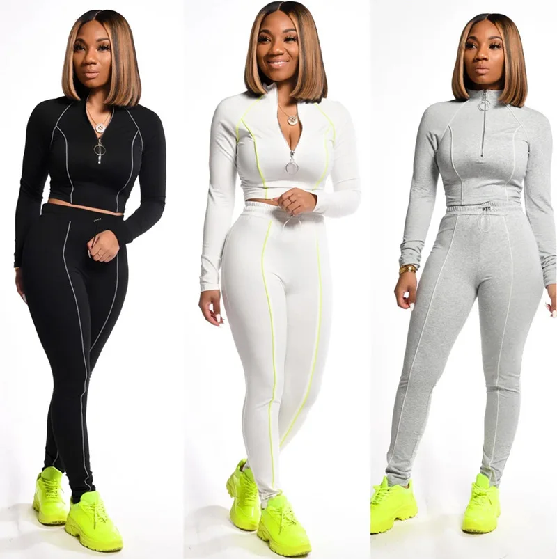 

Amazon hot sale two-piece set 2020 slim fit long sleeve front zipper crop top and high waist leggings sportswear slim outfit