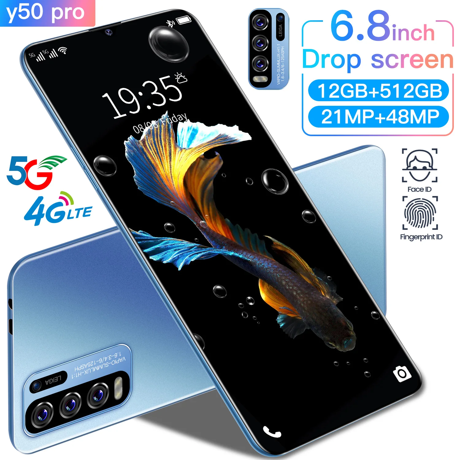 

2021 new Y50 pro mobile phone 6.8-inch water drop screen, u1tra-long standby 4k high-definition smartphone, 12gb ram 512gb rom d
