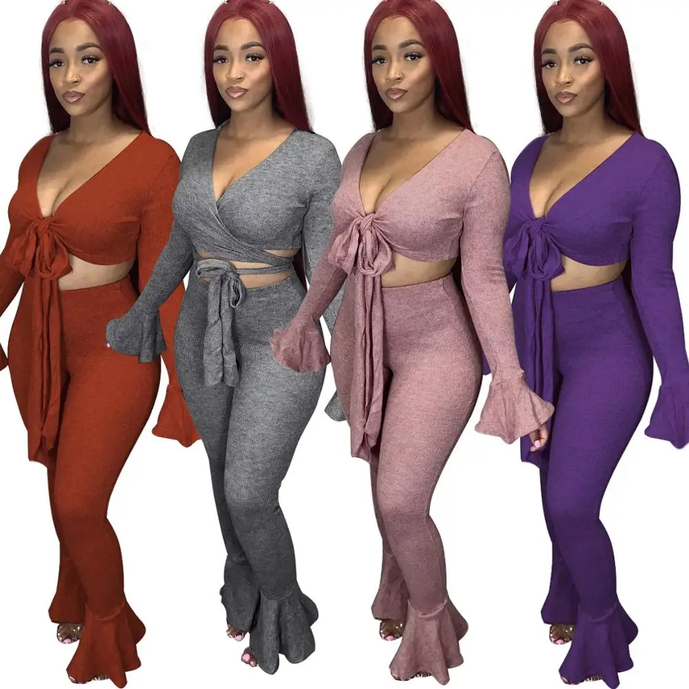 

GC-201005133 Sexy Women Sets Two Piece Outfits Bell Bottom Sleeve Flare Pants Women 2 Piece Set Clothing