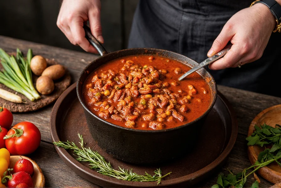 Professional chef preparing super chili in cast iron pot with fresh ingredients arranged nearby