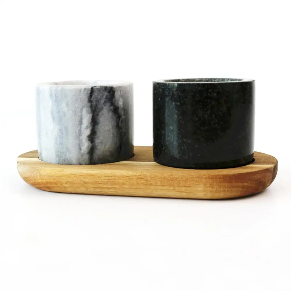 

3 pieces services set salt spice jar sugar storage pepper bottle with marble and acacia wood, White,black,grey