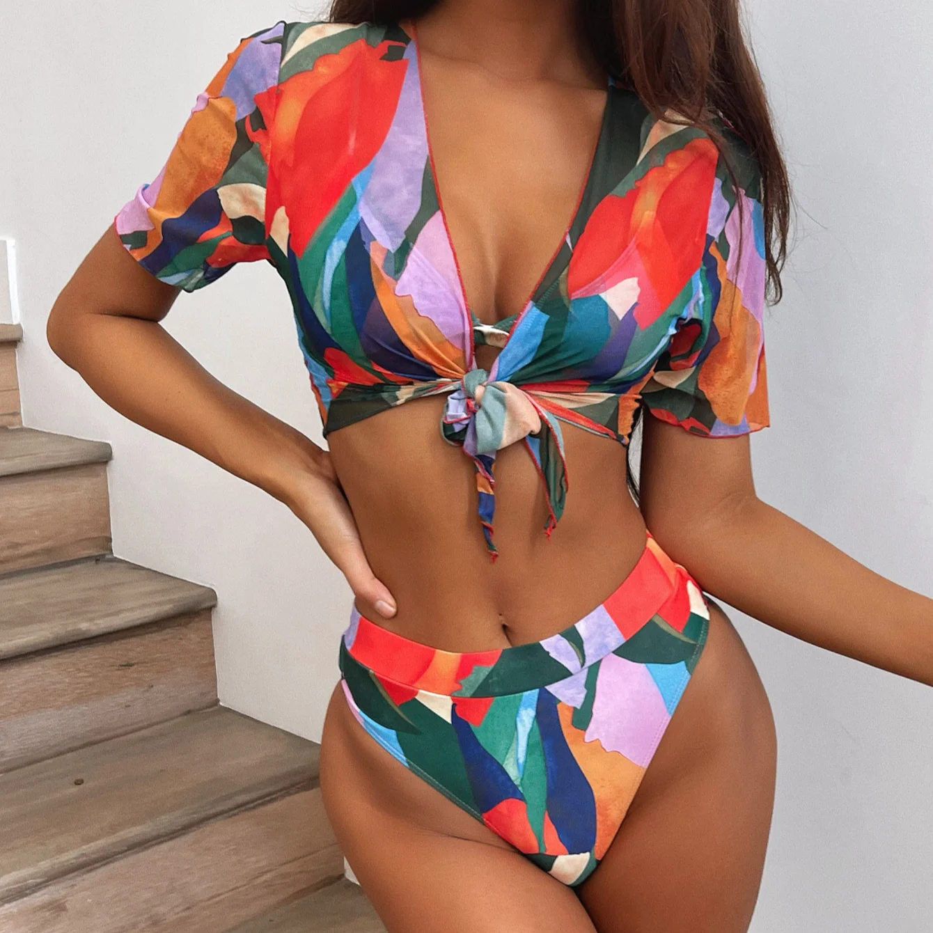 

Printed bikini chest knotted sexy split swimsuit swimwear multicolor, Picture