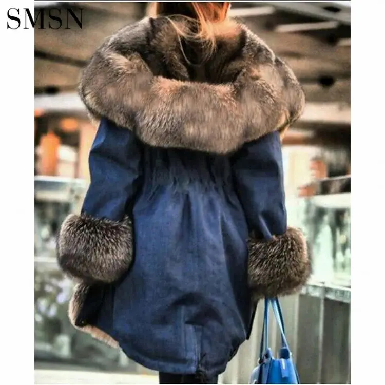 

High Quality Wool Big Collar Hooded Winter Women Faux Fur Coat Warm Plus Size Women Puffer Jacket