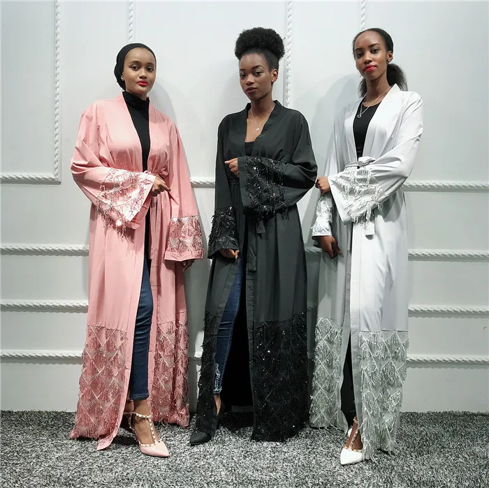 

Fashion tassel open abaya muslim plain long kimono dress, Gray,pink,black