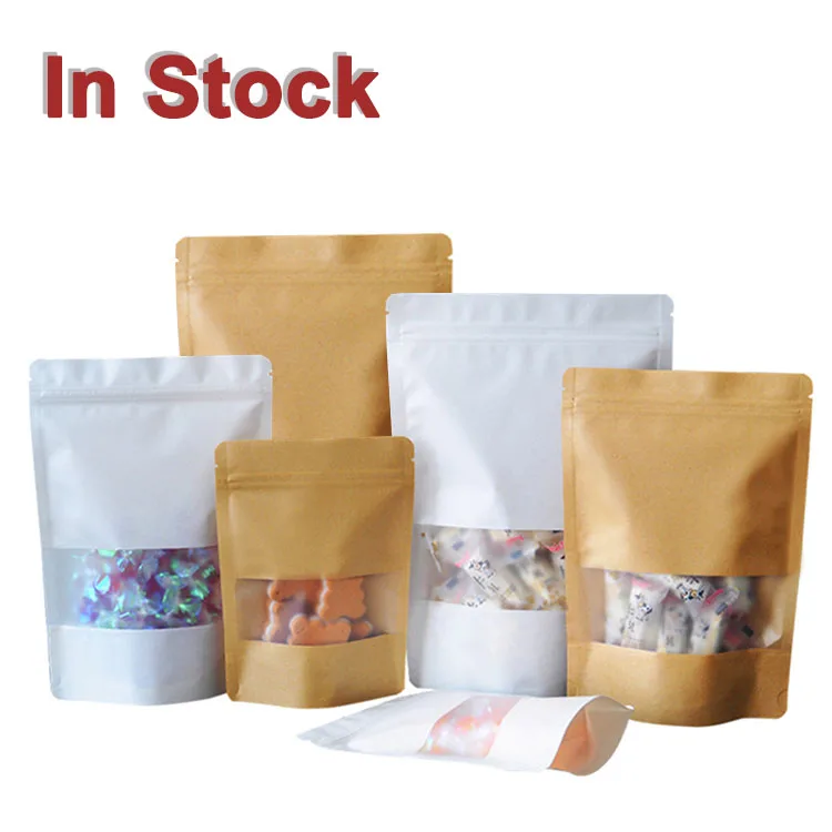 

In stock and custom resealable white brown kraft paper bags food packaging ziplock craft paper stand up pouches with window