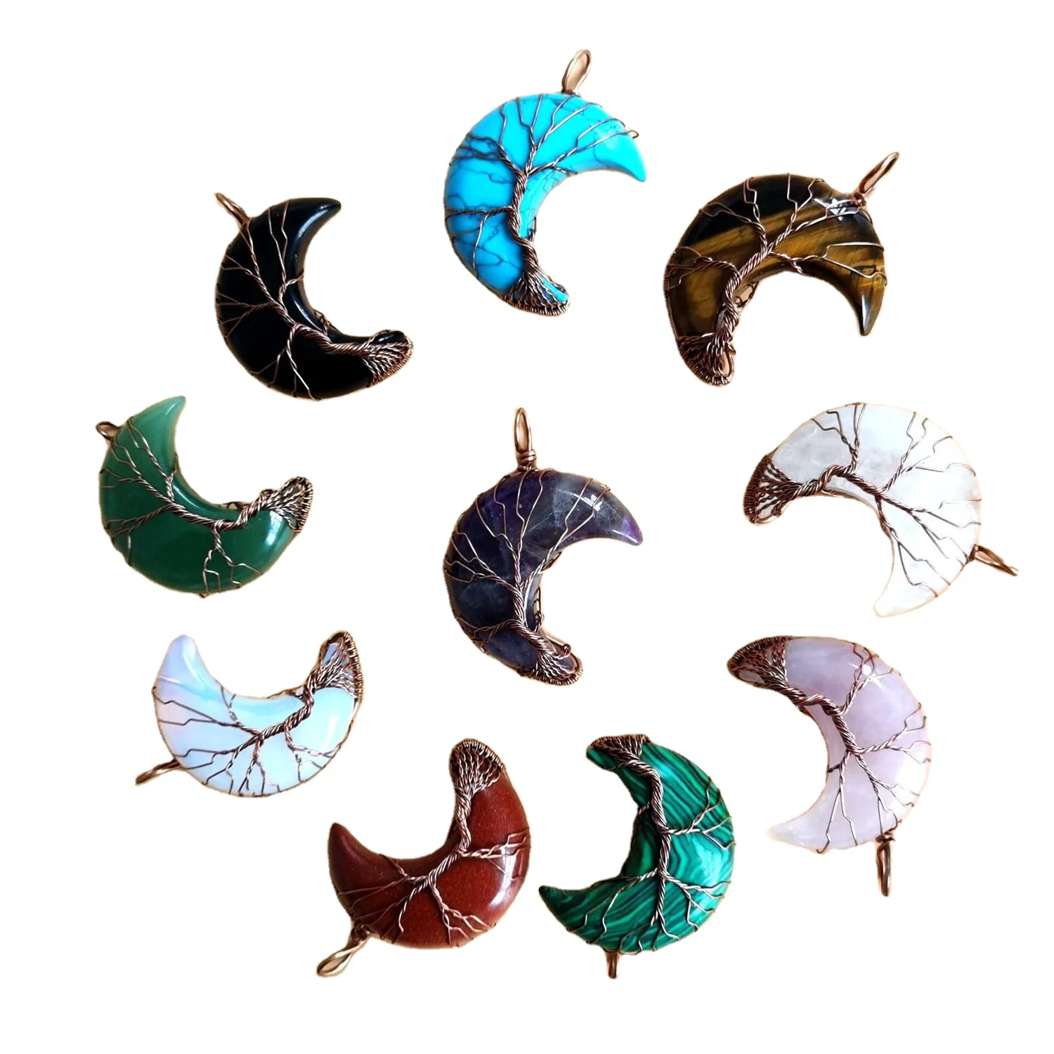 

Retro Bronze Plating Color Gemstone Moon Shaped Pendant Life Of Tree Pendant For Necklace Jewelry Making