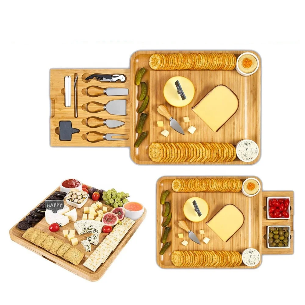 

New Arrival Kitchenware Bamboo Cutting Cheese Plates Serving Cheese Board Set Wooden Charcuterie Board with Kitchen Utensil Set, Natural bamboo color
