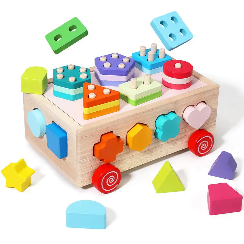 Children Wooden Montessori Shape Matching Trolley Blocks Game Educational Color Sorting Learning Box Toys for Kids