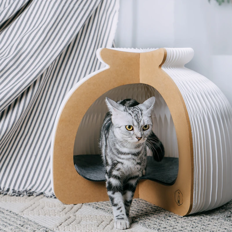 

2020 New Product Recycle Cardboard House Cat Wood Kitty House Burn Shape Cat Bed Foldable Cat House For Ihpaper Honeycomb Paper, White