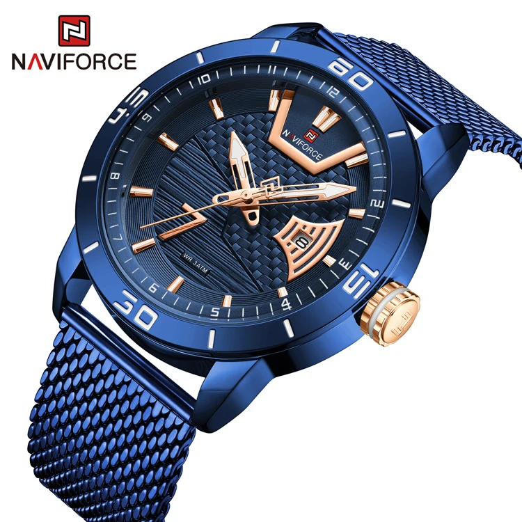 

NAVIFORCE 9155A Mens Watches Top Brand Luxury Sport Watch Mesh Steel Date Week Waterproof Quartz Watch for Men Relogio Masculino