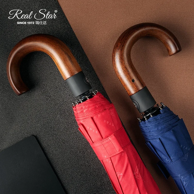 

RST Real Star 2021 new J wood handle umbrella auto open and close large curved handle 10 ribs storm strong 3 fold umbrella, 3 colors mixed