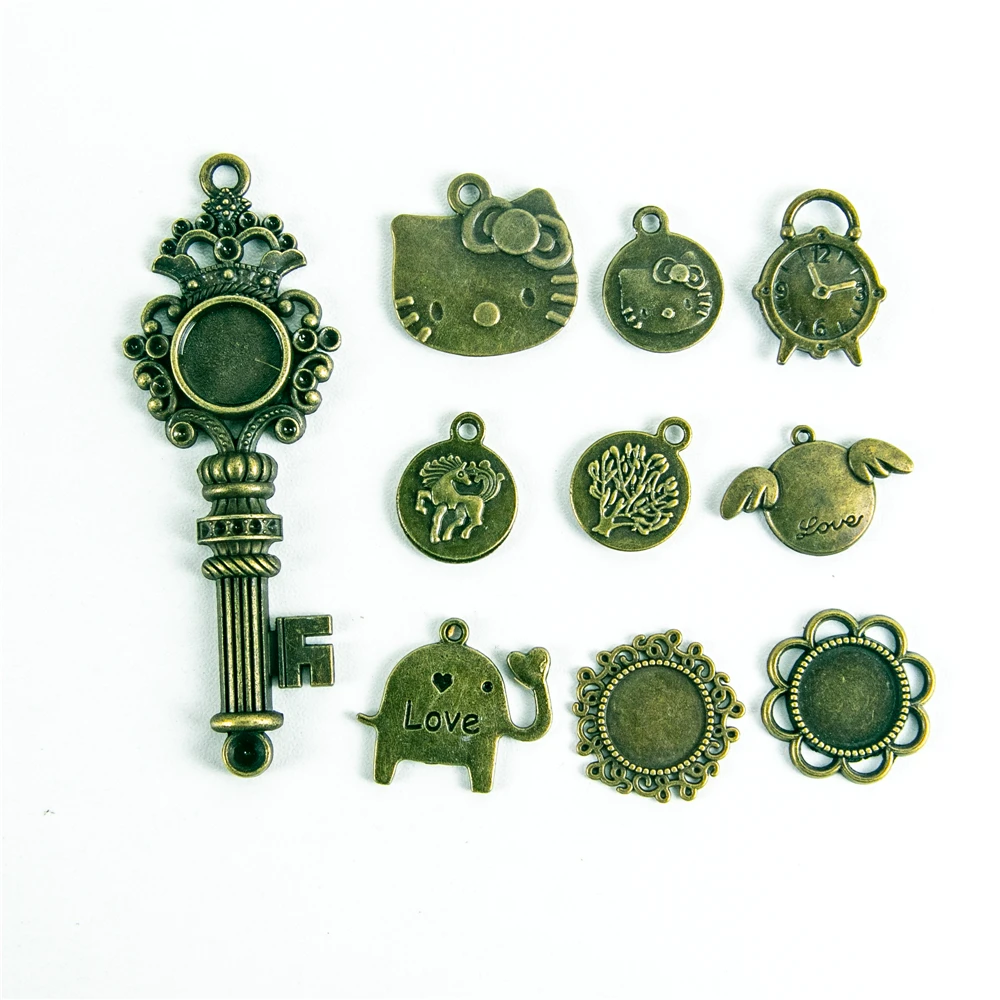 

Round Blank Tray Fits 14mm Mix Charms Lot Plant Animal Key Wing Jewelry Making Mixed 10pcs per Lot(M007) New Arrival, Bronze