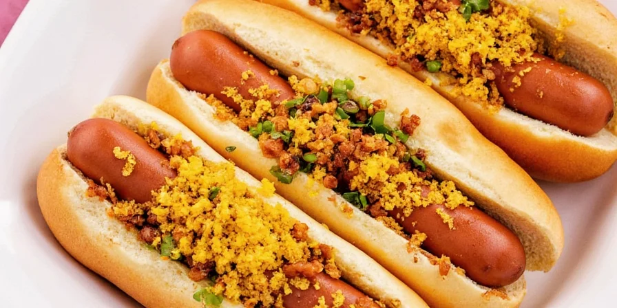 Spiced hot dogs with various toppings