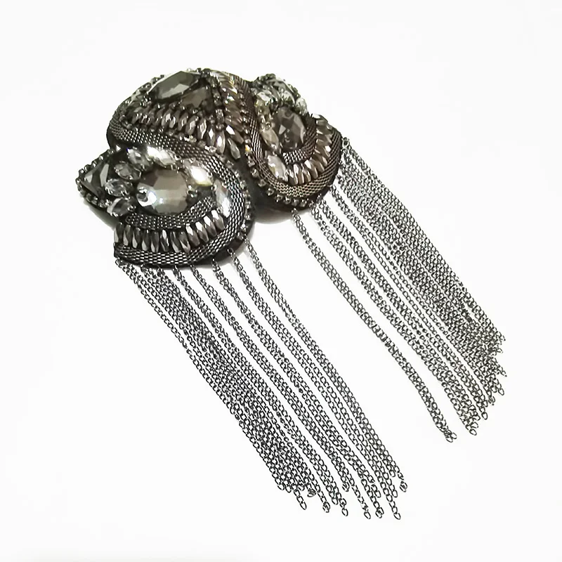 

handmade woven rock style glass rhinestone applique metal tassel shoulder badge sew on beaded patches for clothing, Gray