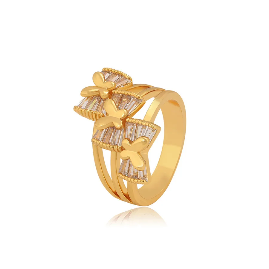 

R-019 xuping jewelry Trendy Glamour Three Butterflies Dubai 24k Gold Plated Diamond Engagement Ring, 24k gold color