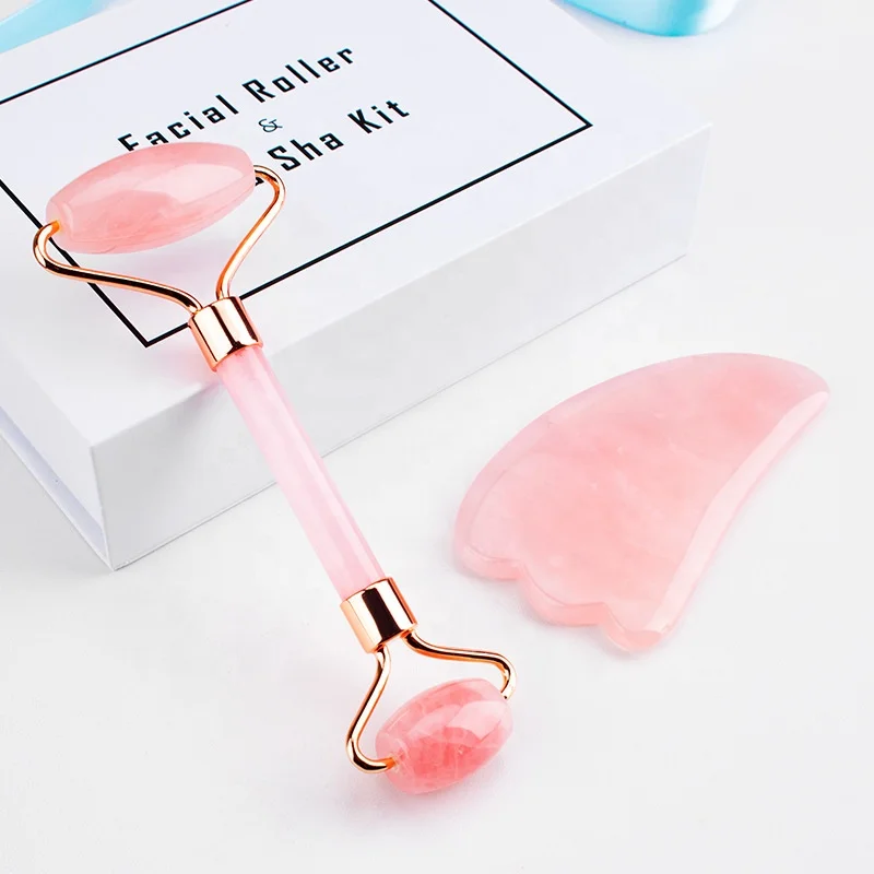 

Crystal Jade Roller Massager Facial Tools Rose Quartz Face Roller Guasha set, Pink