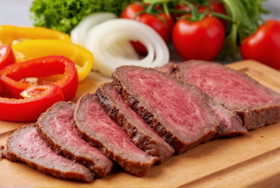 Close-up of thinly sliced flank steak arranged on cutting board with fresh bell peppers and onions