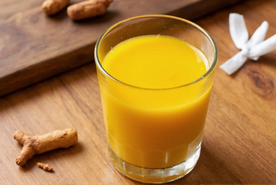 Homemade turmeric shots in small glasses with fresh turmeric root and ingredients