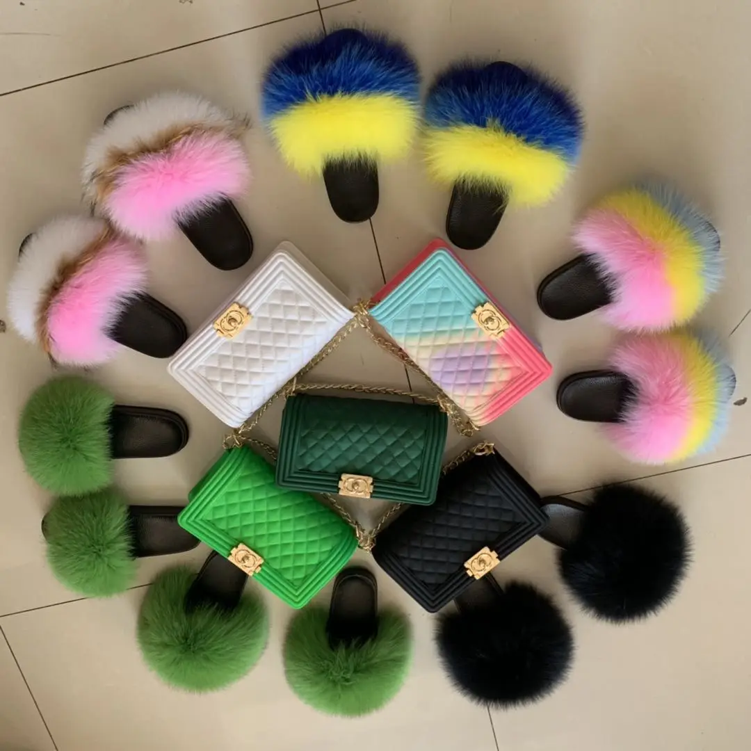 

Wholesale logo fluffy fur slippers all colors fox fur slippers for women bag set
