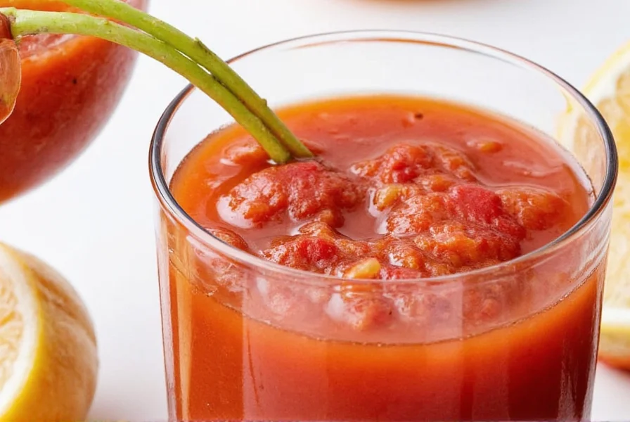 Bloody Mary mix ingredients displayed in glass bottles and fresh components