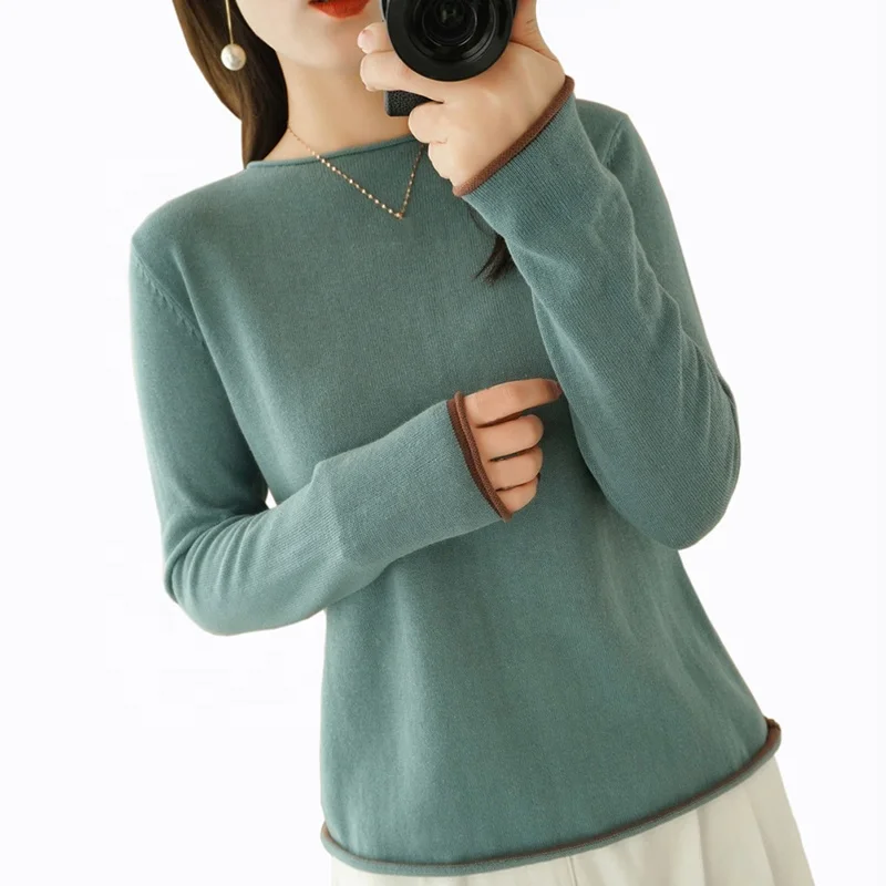 

Plus Size Color Blocking Knit Sweaters Women O-neck 100% Cotton Knitwear Solid Color Knitted Pullover Long Sleeve Womens Sweater, 5 solid colors as shown