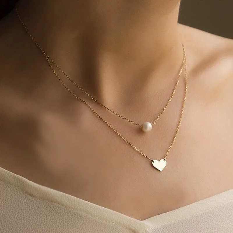 

Newest Fashion Pearl Love Double Simple Collarbone Chain Women Necklace