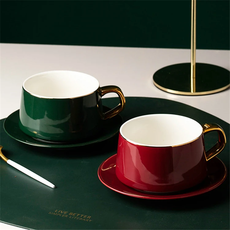 

Italian style shiny glaze gold handle ceramic couple coffee cup with saucer, Customized color