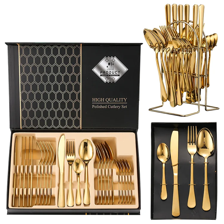 

Amazon Mirror Polish Flatware Set 24pcs Cutlery Set Stainless Steel Golden Silverware Set with box, Pvd