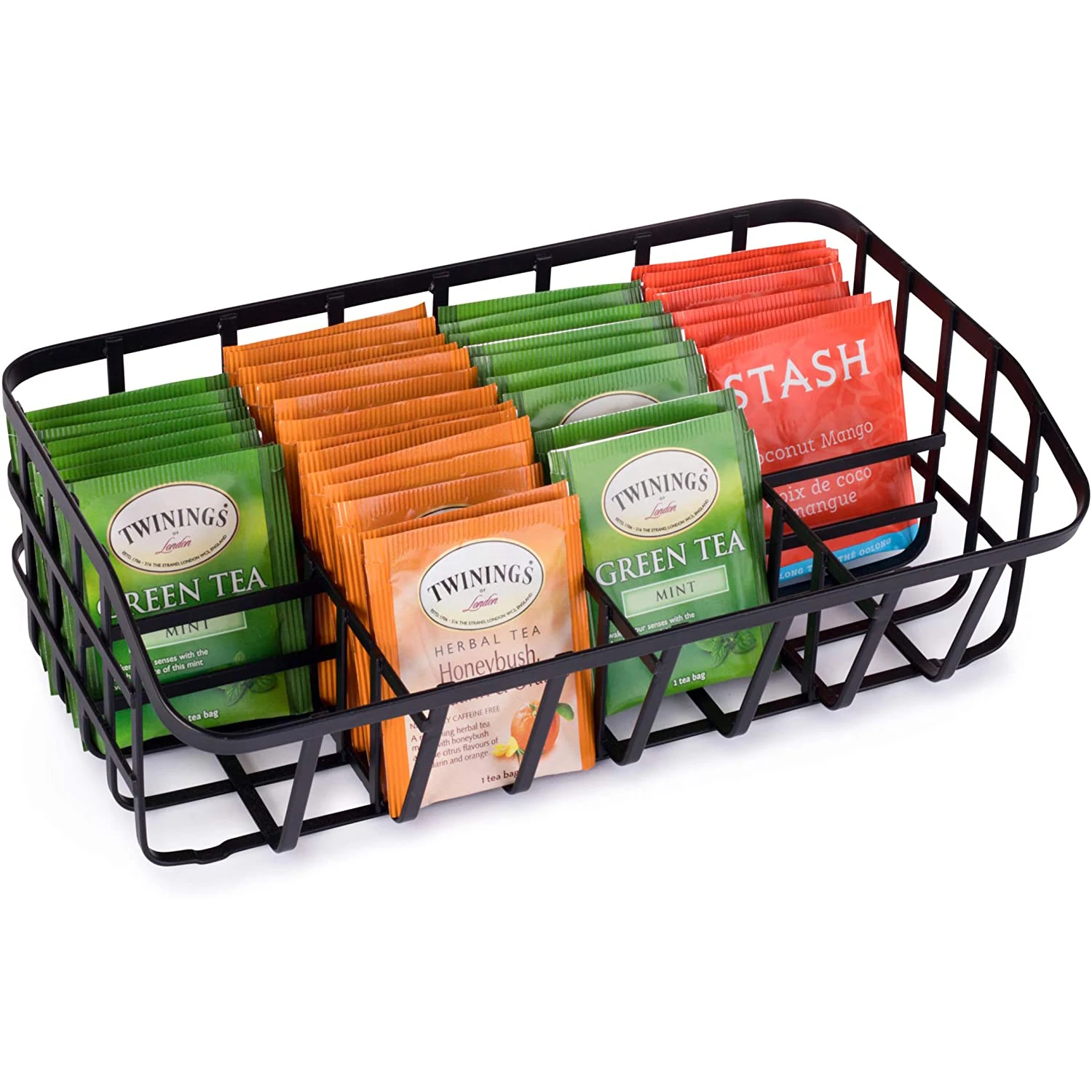 

Tea Bag Organizer Caddy - Tea Box Storage Holder for Tea, Cups, Pods, Packets, Condiment Accessories, Black