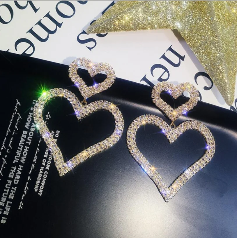 

High Quality Gold Color Double Heart Love Design Crystal Dangle Drop Statement Earrings, Picture