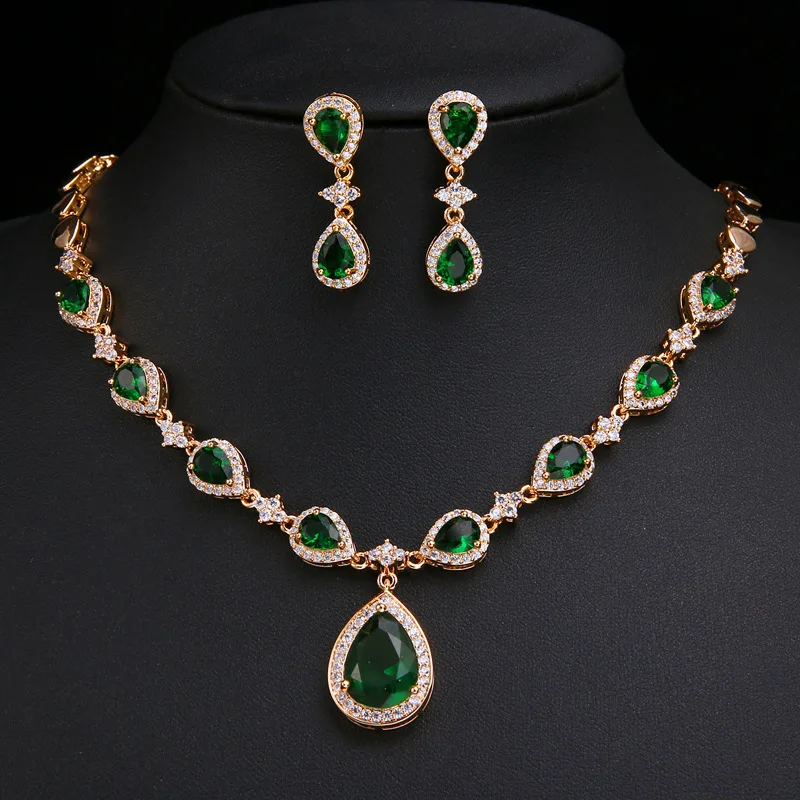 

Rhinestone Costume Prom Jewelry Teardrop Necklace Earrings Jewelry Emerald Wedding Bridal Jewelry Sets for Brides Bridesmaids