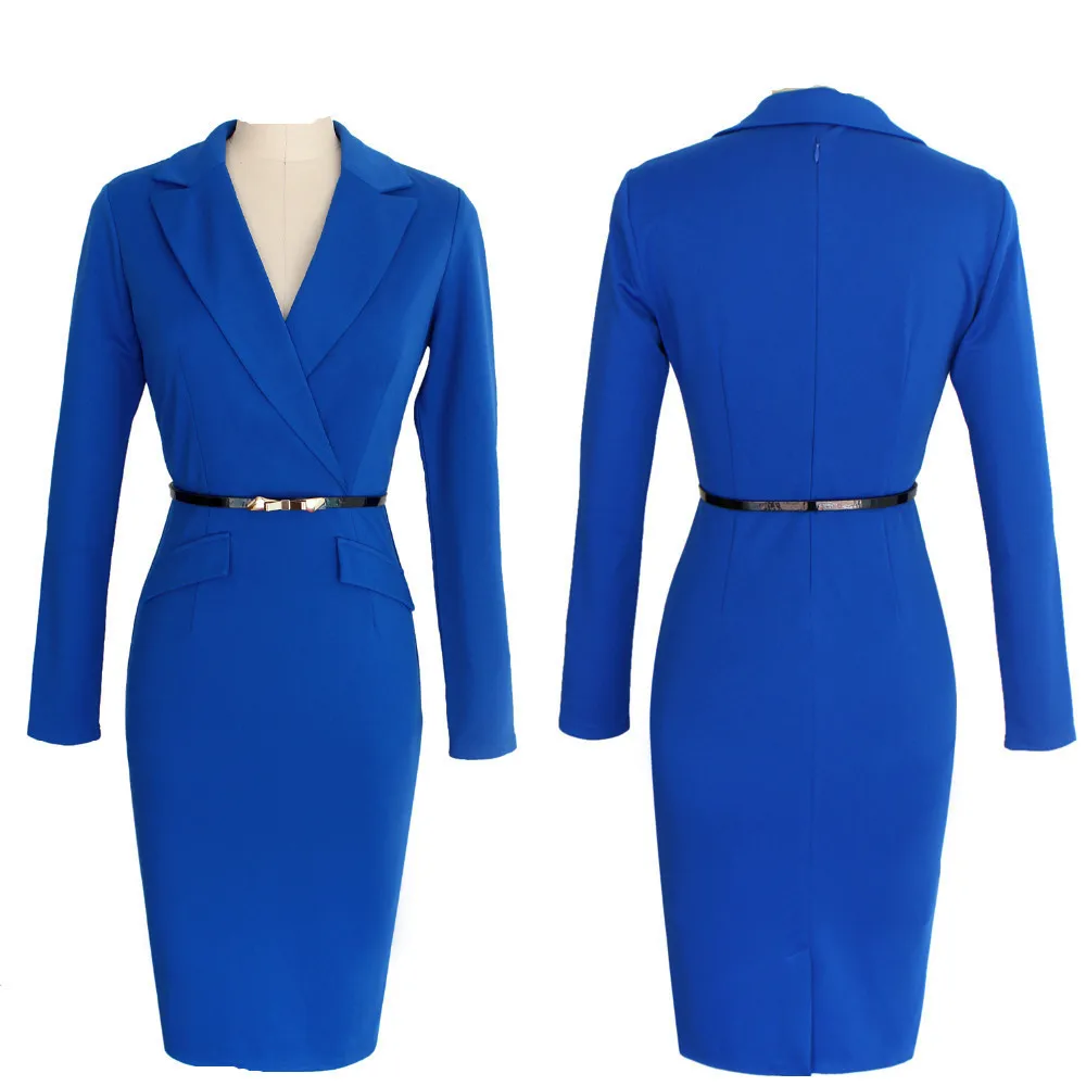 

European station autumn and winter women's long-sleeved suit collar pencil skirt dress with belt WCT33012
