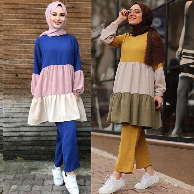 

Latest new women Muslim sets two piece set turkey Islamic clothing top and long pants Kaftan Abaya, Blue, yellow