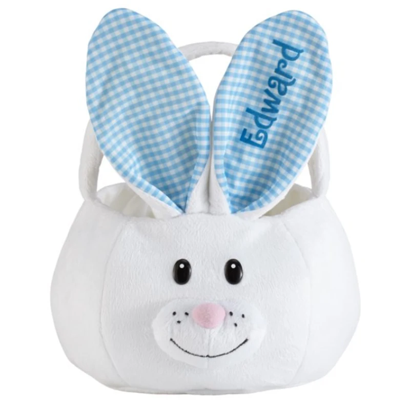 

Easter Basket Wholesale Cute Plush Monogrammed Floppy Ears Gingham Bunny Easter Bucket For Kids