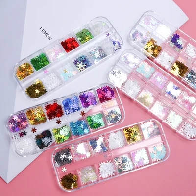 

Qianxing 12 Colors Star Shape Laser Shining Holographic nail sticker Christmas snowflake Nail Sequins Glitter, 12 colors/box