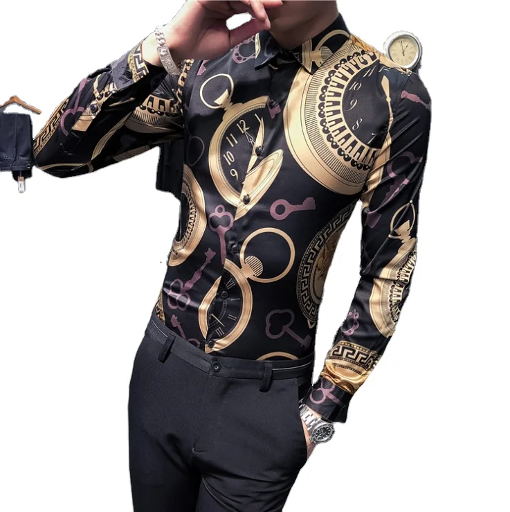 

Chinese Style Print Black White Man Long Sleeve Shirt Men Flower Shirt Men Shirt