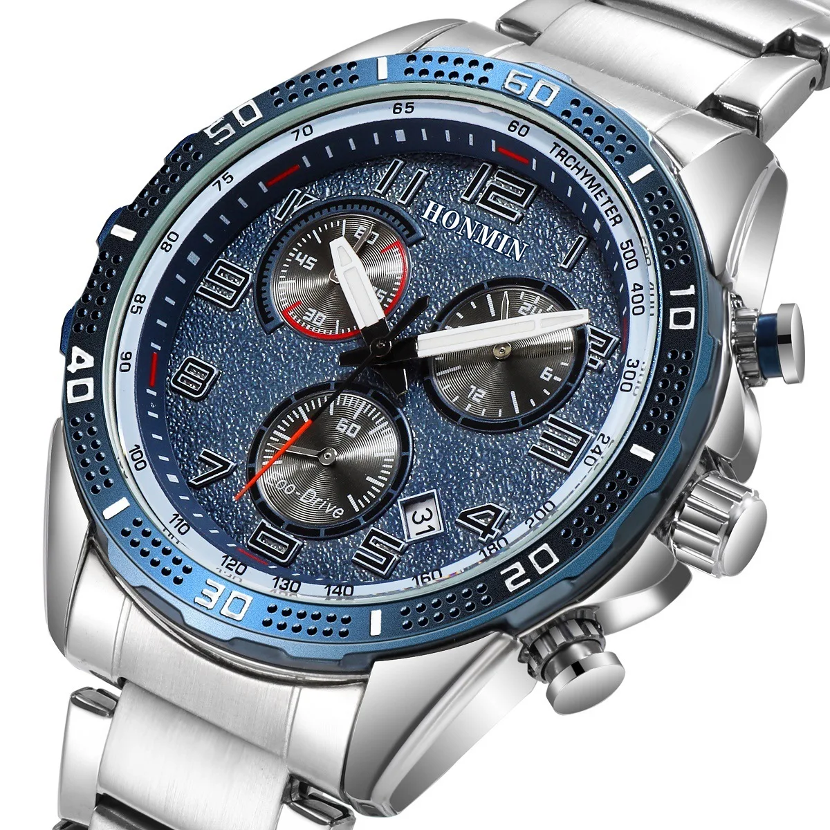 

HONMIN Mens watches Chronograph Silver Tone Stainless Steel Bracelet AR Watches for Men, 3 colors