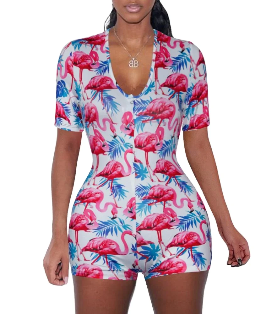 

Wholesale printed V-neck sleepwear short sleeve pajama nightwear onesie for women