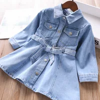 

Lovely Girls Denim Belt Ruffles Clothes Holiday Sweet Kids Pocket Western Spring Summer New Ins Dresses 2-7years