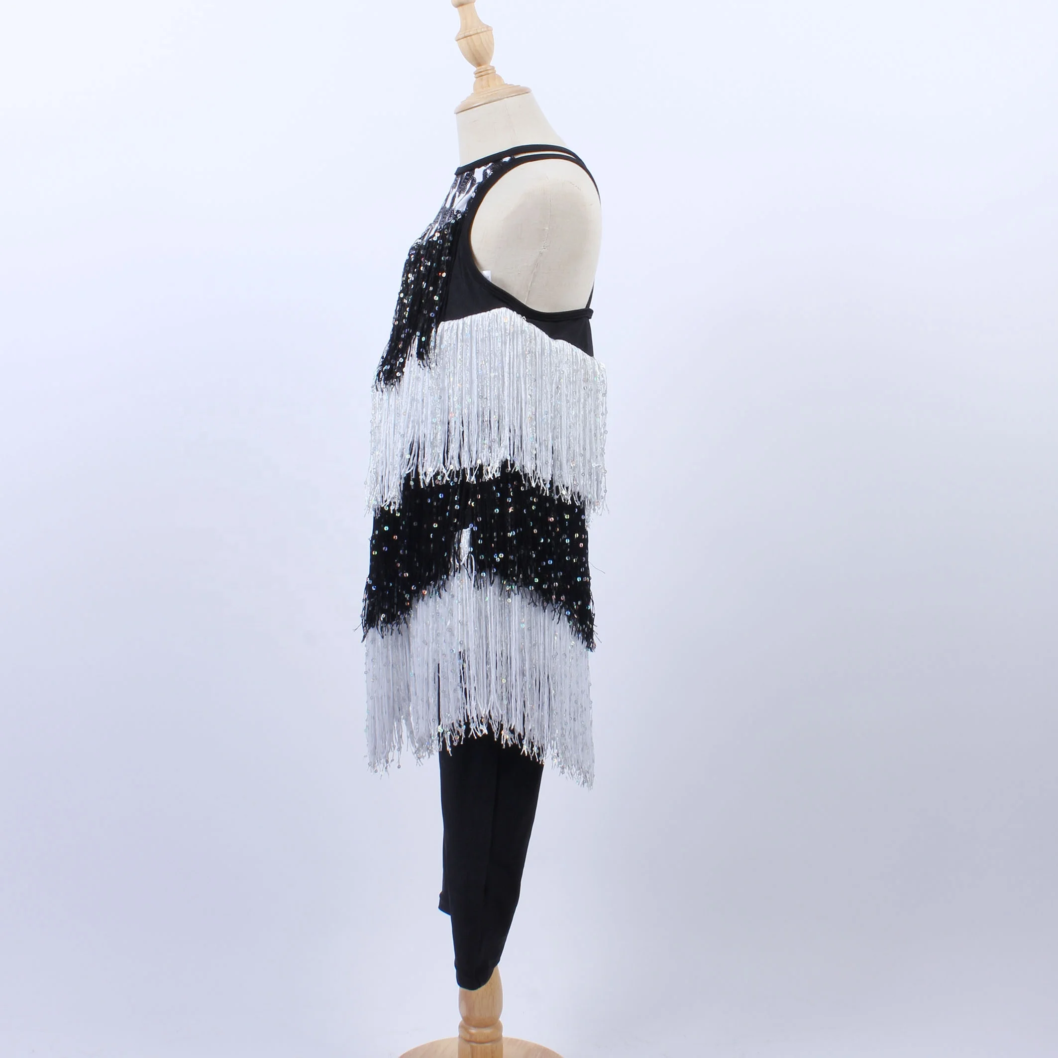 黑色白色亮片爵士舞戴流苏女孩舞蹈紧身衣闪亮两件套舞台表演舞蹈服装