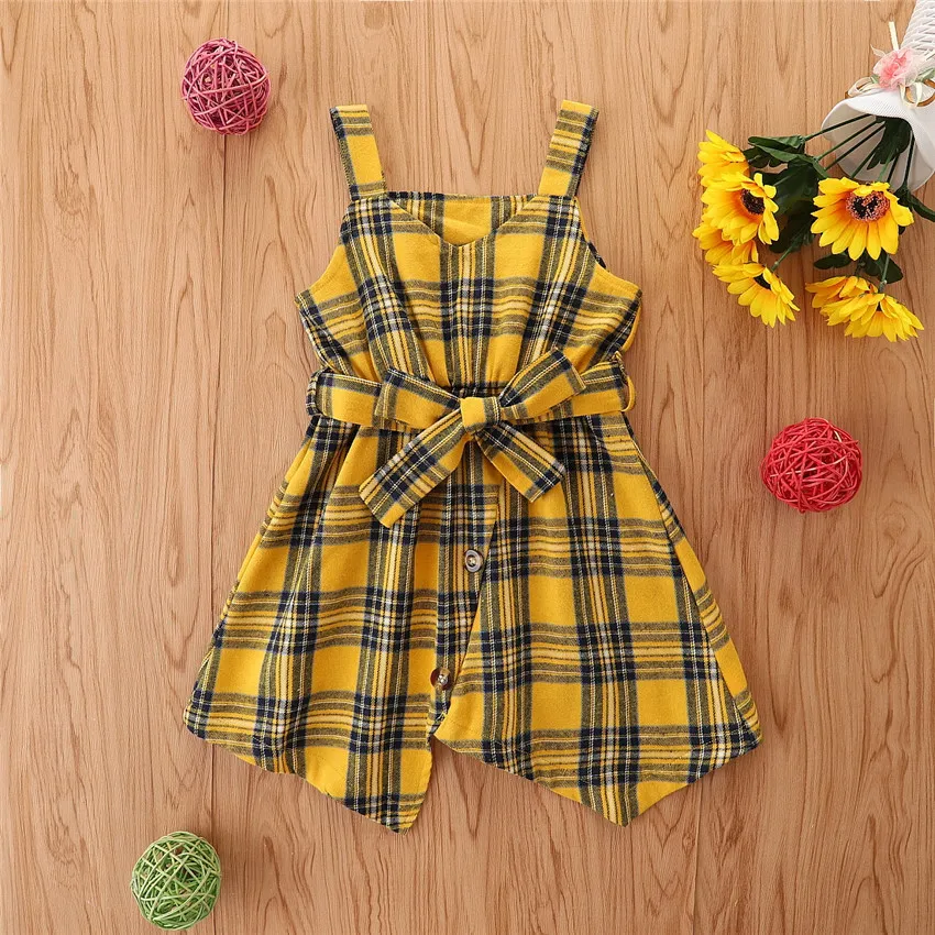 

2021 New Fashion Kid Girl Summer Dress Cute Girl Yellow Plaid Sleeveless Asymmetrical Dress with Bow 3-7T