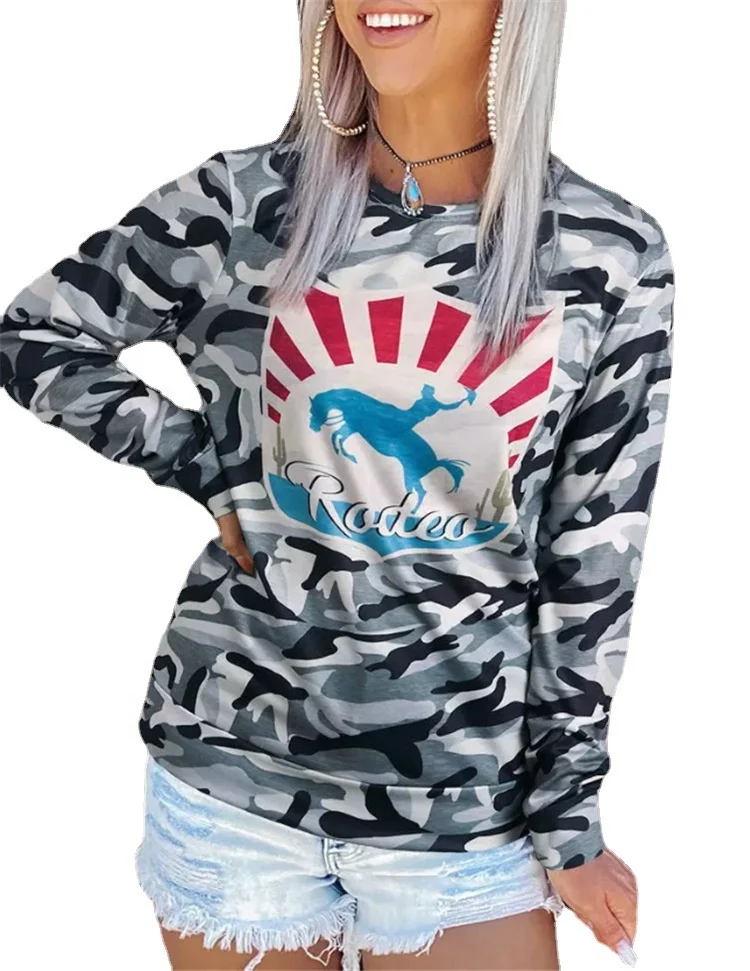 

Camo Graphic Print Long Sleeve Sweatshirts Round Neck Camouflage Casual Women Tops Pullover