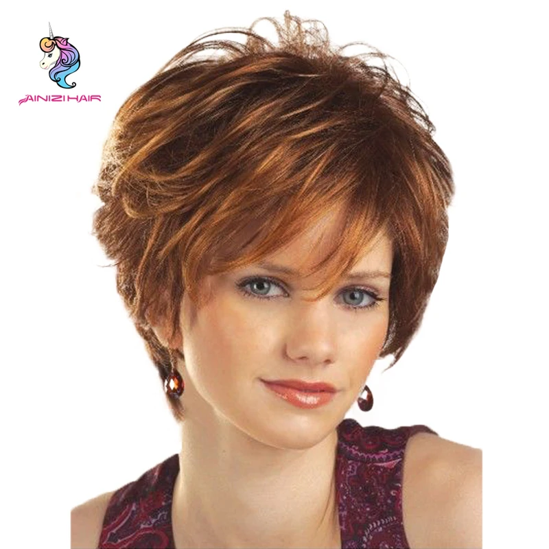 

Ainizi 6 inches short wavy brown machine made wigs fashion synthetic hair wigs for white women