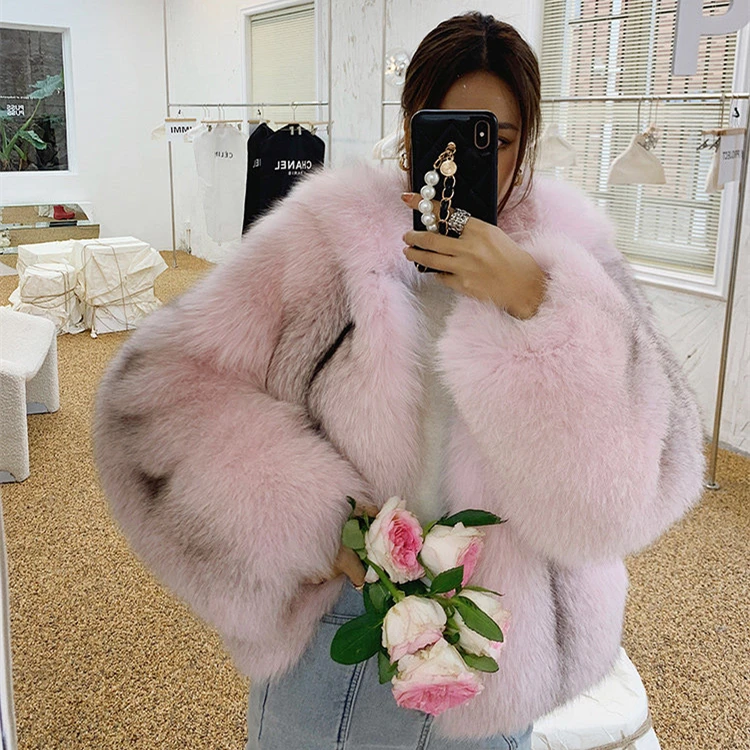 

Fashion Winter Plus Size Warm Jacket Luxury Fluffy Pink Real Fox Fur Coat For Women, Picture color