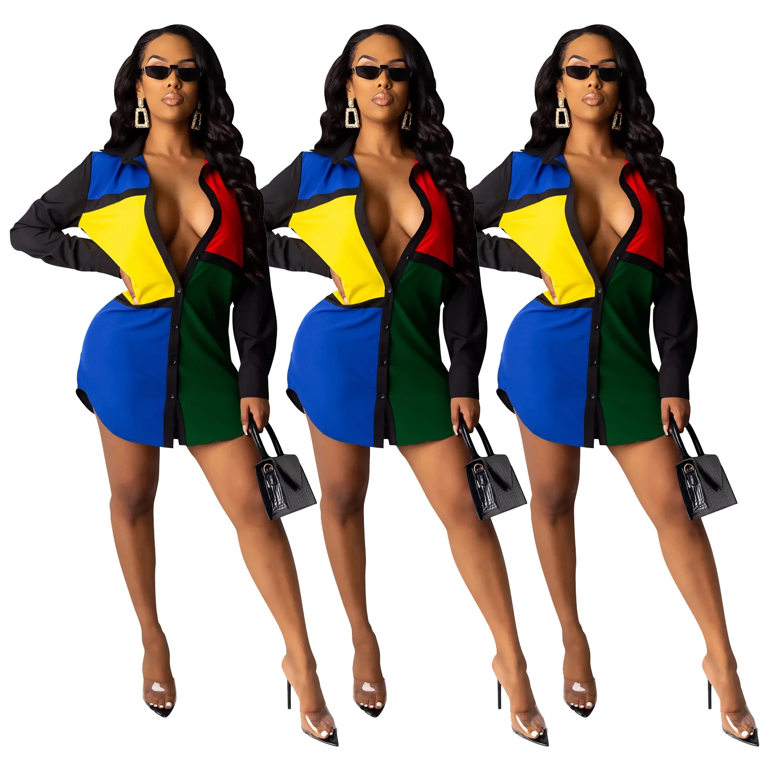 

D9189 New style short dresses long sleeve summer dress autumn Color matching fall sexy shirt dresses women casual, Colors of shirt dresses women casual
