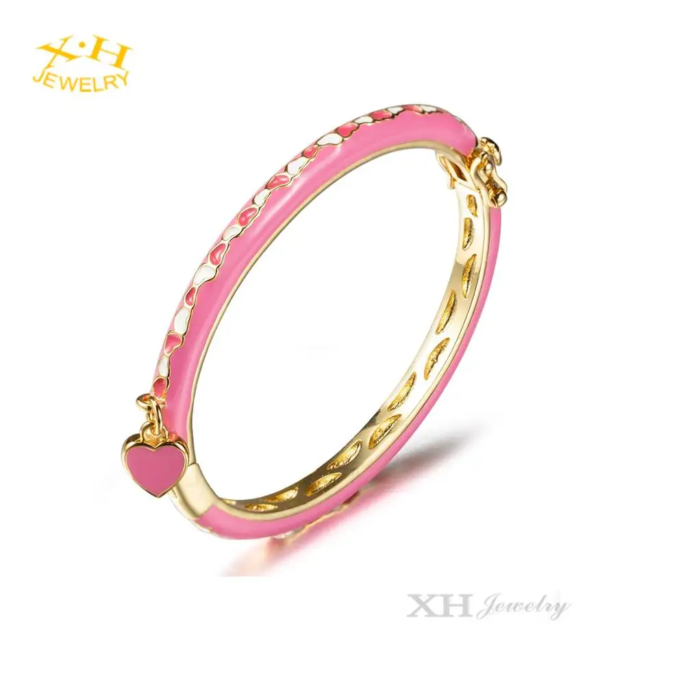 

High Quality Kids Jewelry Lovely Pink Heart Enamel Brass Bangle Gold Plating