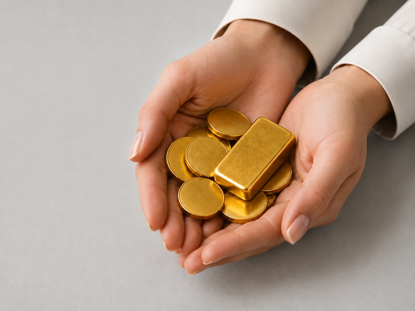 Professional hands holding plain gold samples