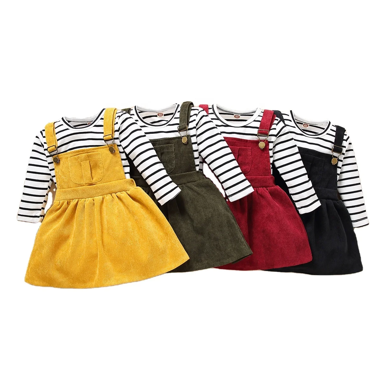 

2021 New Baby Girls Shirt and Dress Striped Long Sleeves Shirt Overall Corduroy Dress for Baby Girls