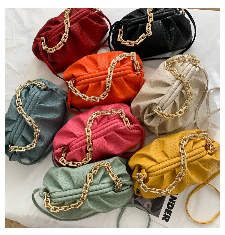 

Ins Woven Leather Cloud Bag Women Designer Thick Chains Clutch Pouch Soft Wrinkled Dumpling Shoulder Messenger Luxury Handbags, Multicolor