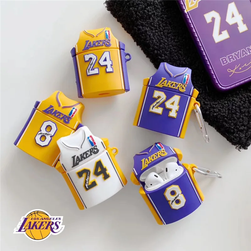 

Hot Sale 3D Kobe Bryant Jersey Design Earphone Case with Keychain for Airpods Pro Lakers No.24 No.8 Soft Cover for Airpods 1/2, As pictures show